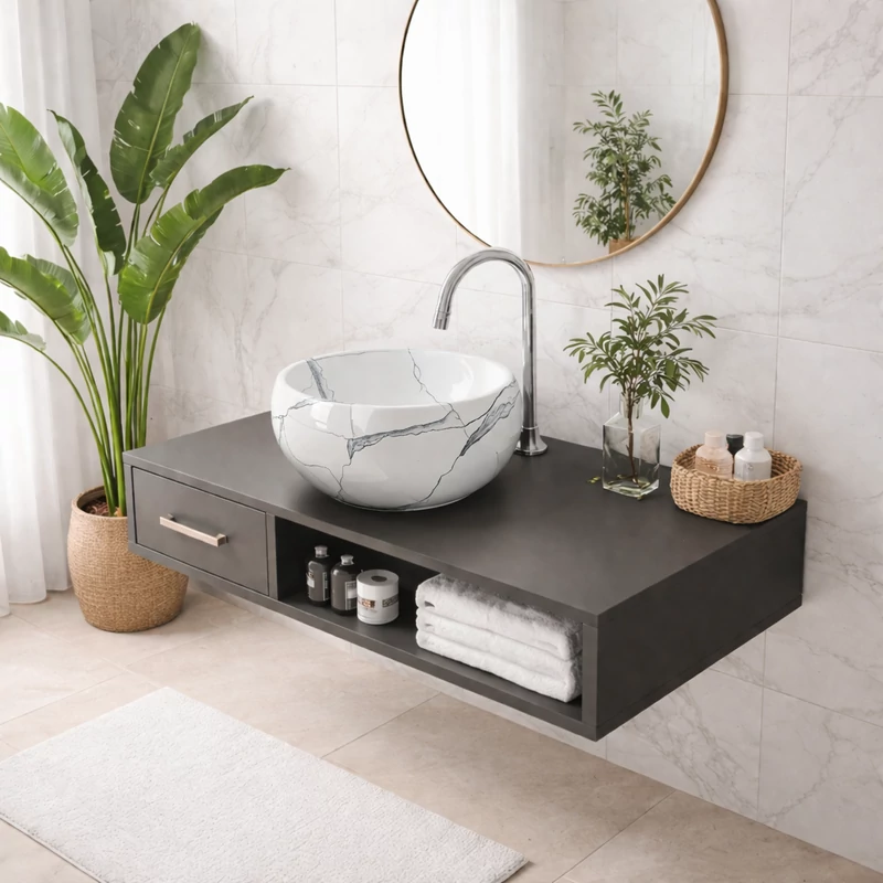 BARI-M || Lavoar montat pe blat, ceramică, alb, cu model marmură, rotund