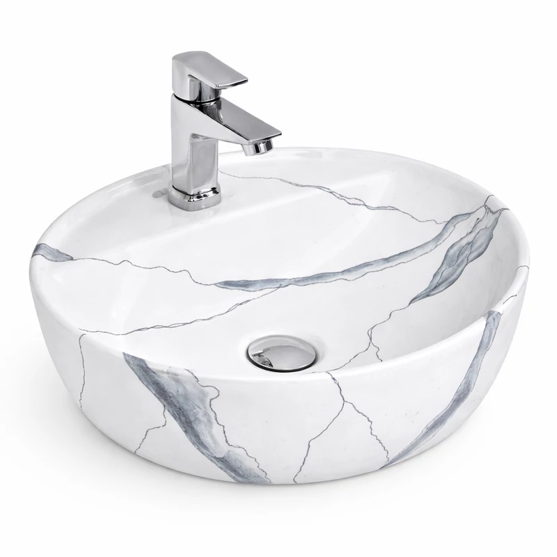 MONTERO-M 40 || Lavoar montat pe blat, ceramică, alb, cu model marmură, rotunjit
