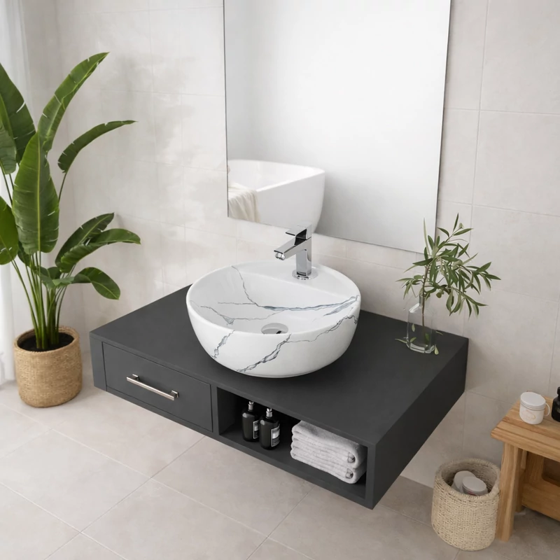 MONTERO-M 40 || Lavoar montat pe blat, ceramică, alb, cu model marmură, rotunjit