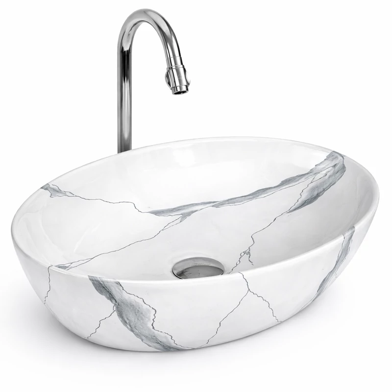 MONACO-M || Lavoar montat pe blat, ceramică, alb, cu model marmură, oval