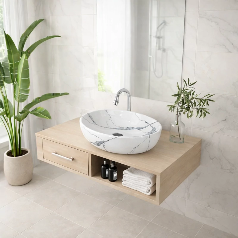 MONACO-M || Lavoar montat pe blat, ceramică, alb, cu model marmură, oval