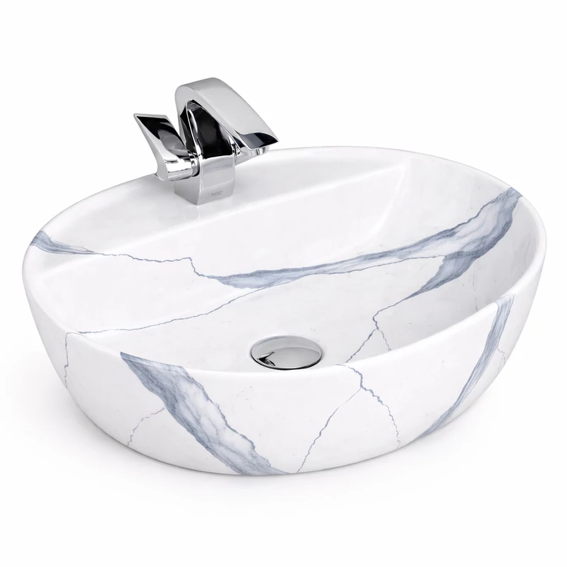 MONTERO-M 50 || Lavoar montat pe blat, ceramică, alb, cu model marmură, rotunjit