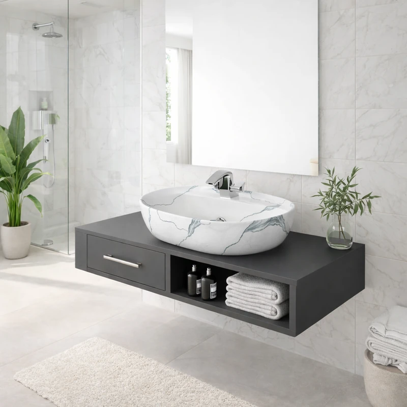 MONTERO-M 50 || Lavoar montat pe blat, ceramică, alb, cu model marmură, rotunjit