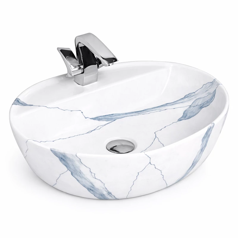 MONTERO-M 60 || Lavoar montat pe blat, ceramică, alb, cu model marmură, rotunjit