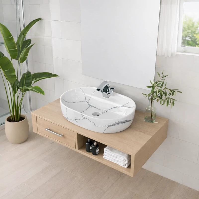 MONTERO-M 60 || Lavoar montat pe blat, ceramică, alb, cu model marmură, rotunjit