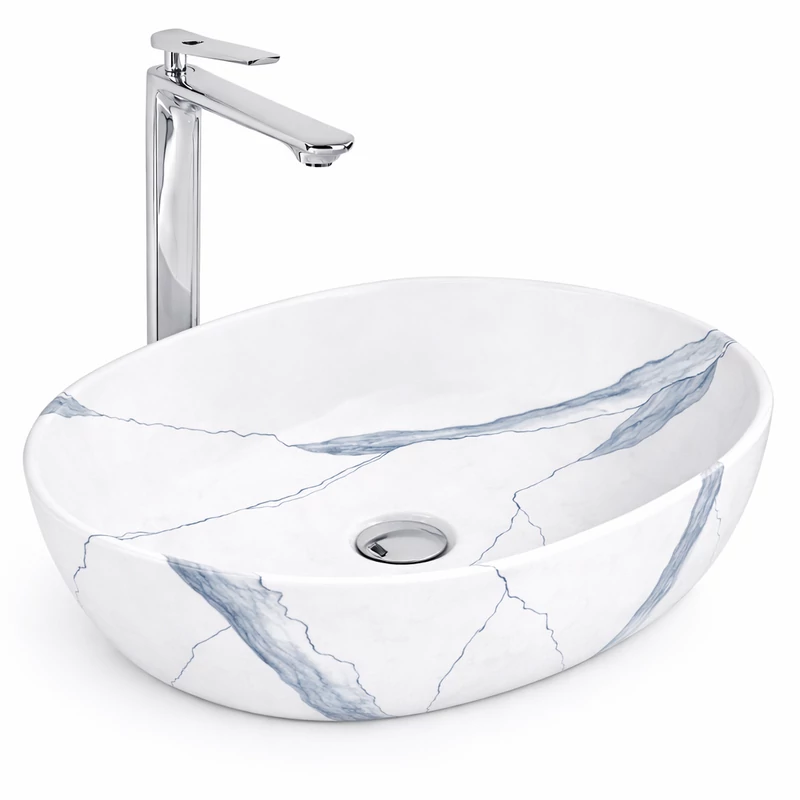 LIGNANO-M || Lavoar montat pe blat, ceramică, alb, cu model marmură, oval