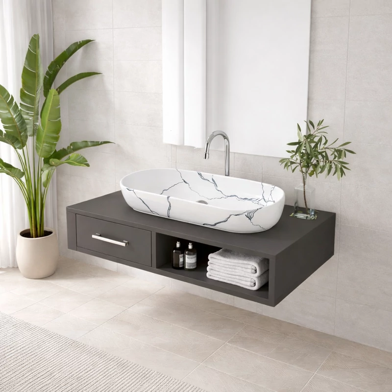 LIGNANO-M || Lavoar montat pe blat, ceramică, alb, cu model marmură, oval