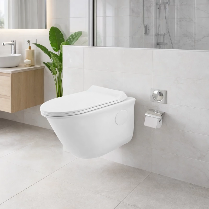 FRANKFURT || Vas toaletă suspendat, cu spălare adâncă, cu capac WC slim, ceramică, alb