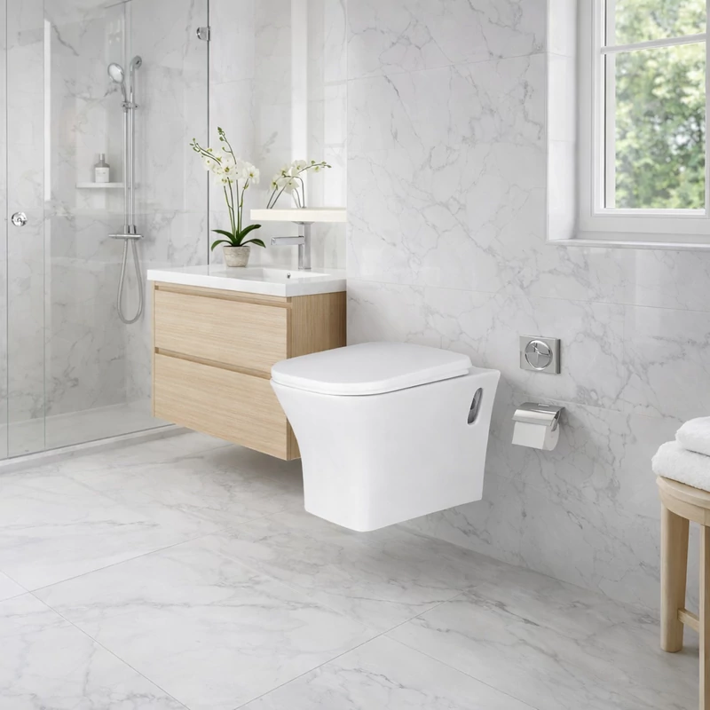 OSLO || Vas toaletă suspendat, cu spălare adâncă, cu capac WC slim, ceramică, alb